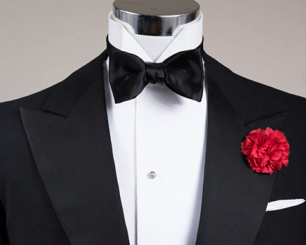 Black Bow Tie in Silk Satin Sized Butterfly Self Tie with Red Carnation Boutonniere and Classic White Irish Linen Pocket square