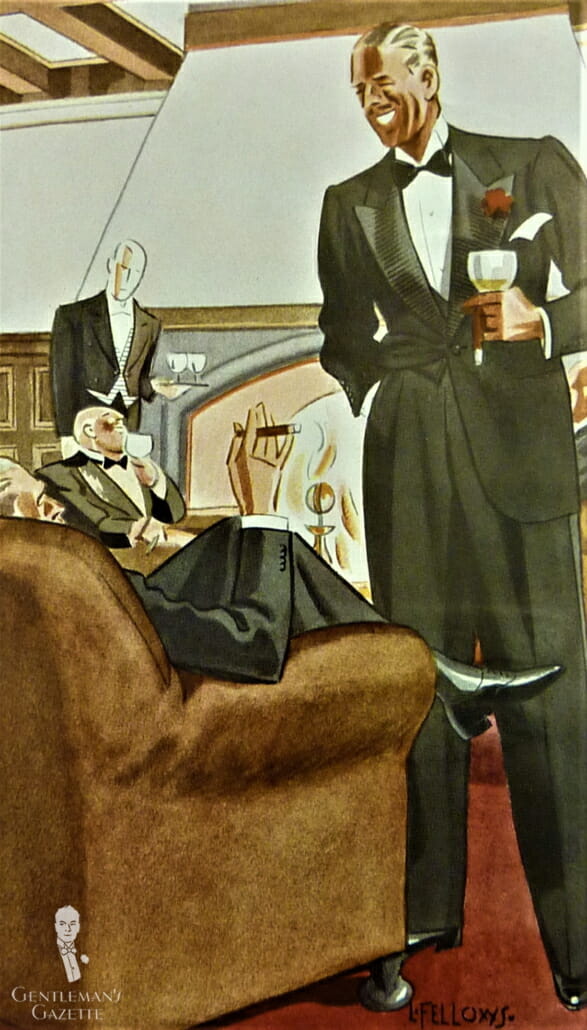 Black Tie Worn at a club in the 1930s - Classic Black Tie Ensemble with single button peaked lapel jacket with grosgrain faced lapels and wing collar