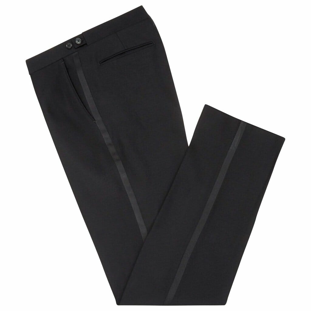 Typical black-tie trousers, featuring side adjusters and a silk stripe (or galon/braid).