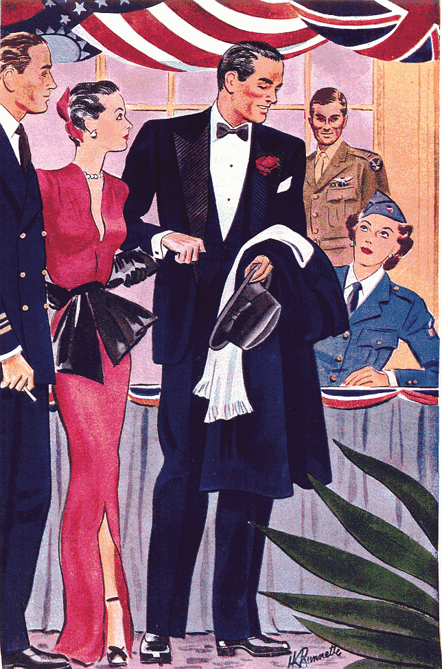 Black Tie in the US Jan 1945 - note the wide rib grosgrain lapel facings and carantion boutonniere with studs and turndown collar