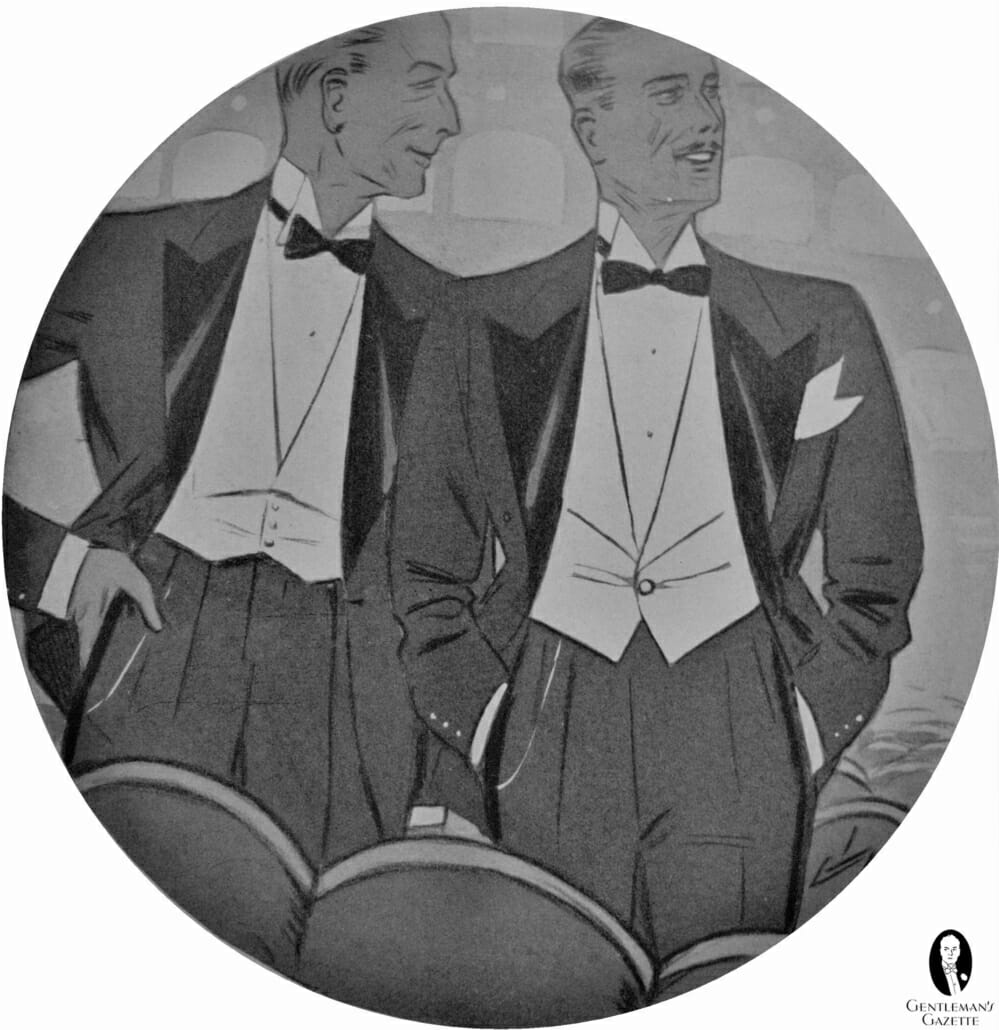 Prior to the solidification of the Black Tie dress code in the 1930s, the white full-dress waistcoat was commonly worn with dinner jackets.