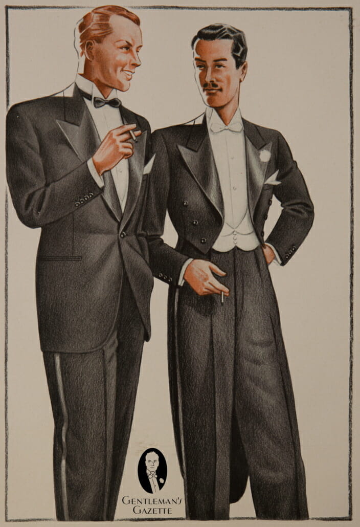 Black Tie with Wing Collar - Germany 1942 Note teh rounded waistcoat on the white tie ensemble and the high wing collars