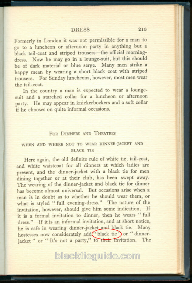 A scan of an old book detailing when and where to wear a dinner jacket and black tie 