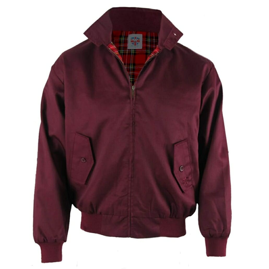 A modern Harrington jacket in burgundy.