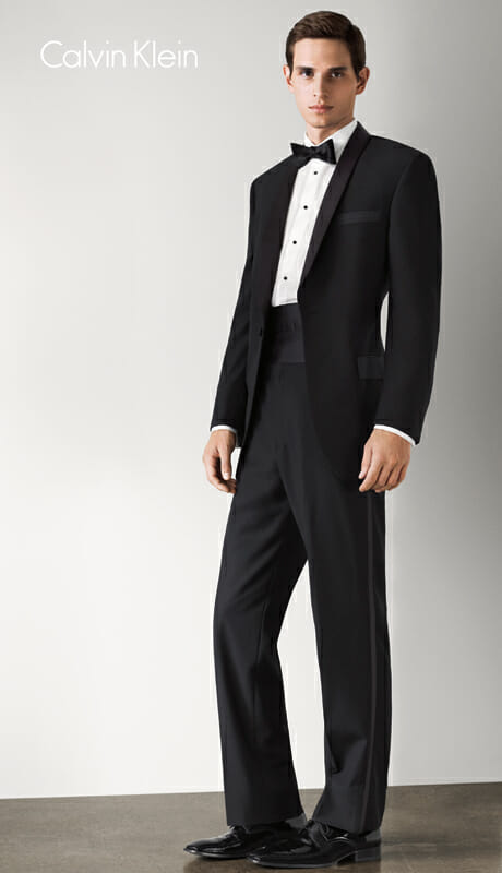 Contemporary Tuxedos such as this one from Calvin Klein often lack the attention to detail. Note the pre-tied bow tie and shoes
