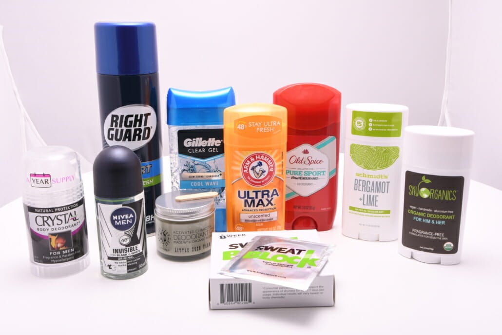 Various types of deodorants and antiperspirants.