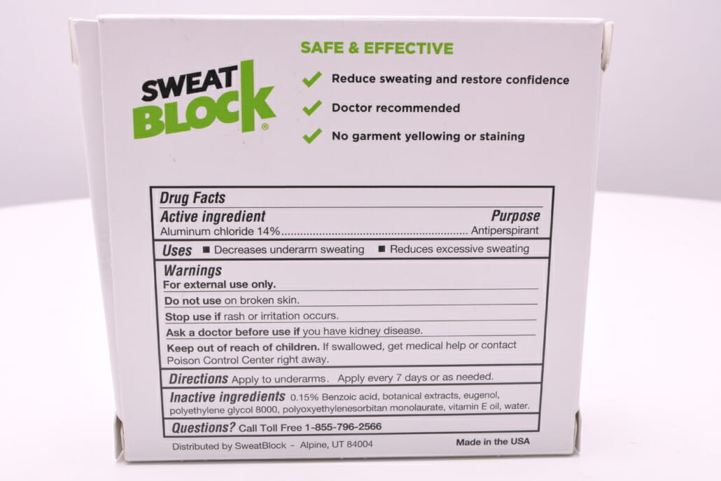 The backside of the box of SweatBlock antiperspirant towelettes, listing their ingredients.