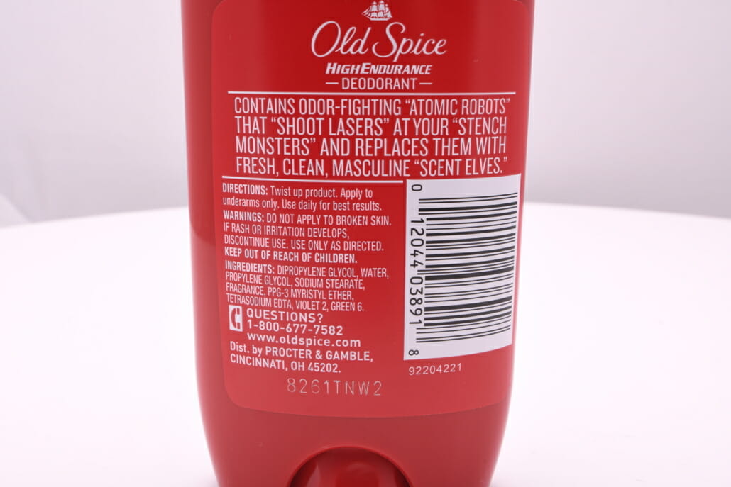 The backside of the Old Spice deodorant, showing its ingredients (as well as a humorous "summary" of its effects).