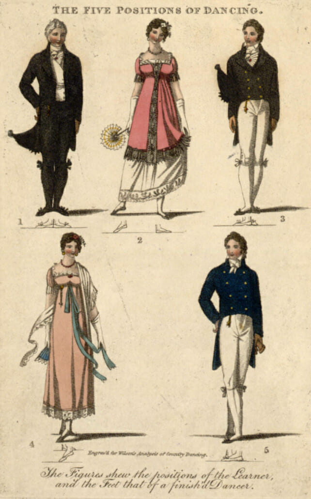 Dancing positions also reveals the dancing pumps worn by men in the Regency