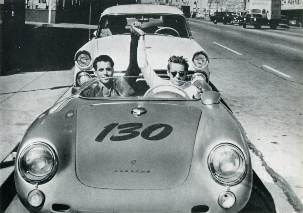 James Dean & Rolf Wutherlich in Dean's Porsche, photographed on what would be Dean's final journey.