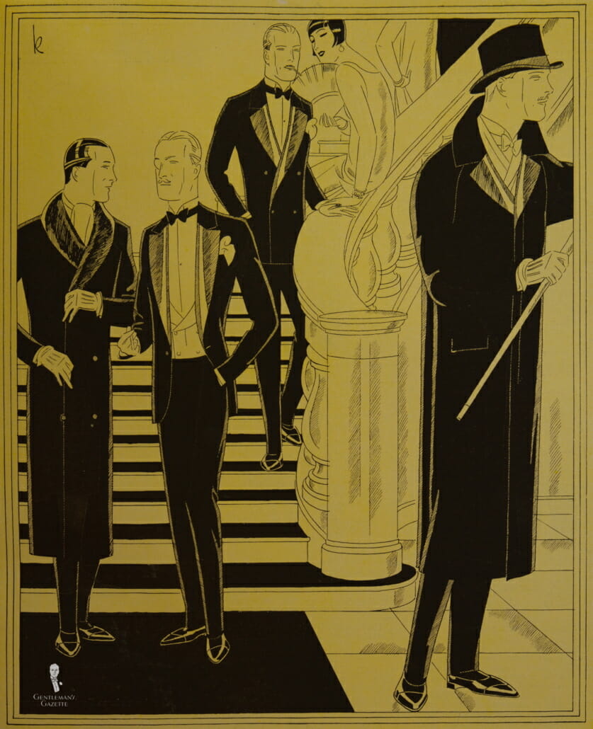 Die Deutsche Elite 1920s - note the fur collar on the left and silk lapels on the right - all men wear captoe shoes and you can see a DB tuxedo with notched lapels and a Tautz lapel