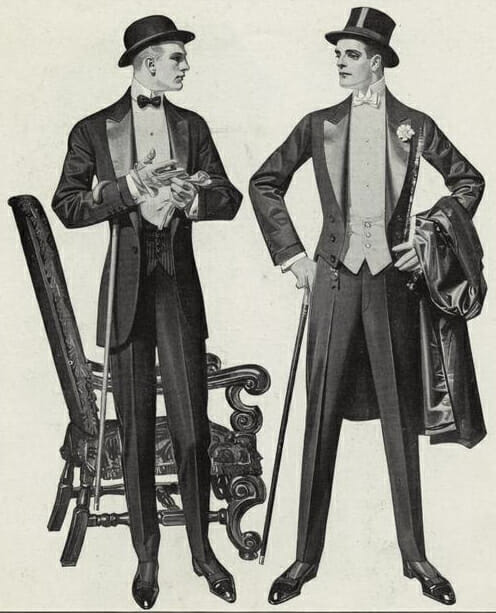 Dinner jacket worn with a bowler, 1912.