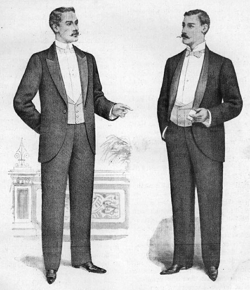 Two dinner jackets, one with peaked lapels, the other with a shawl collar, c. 1898.