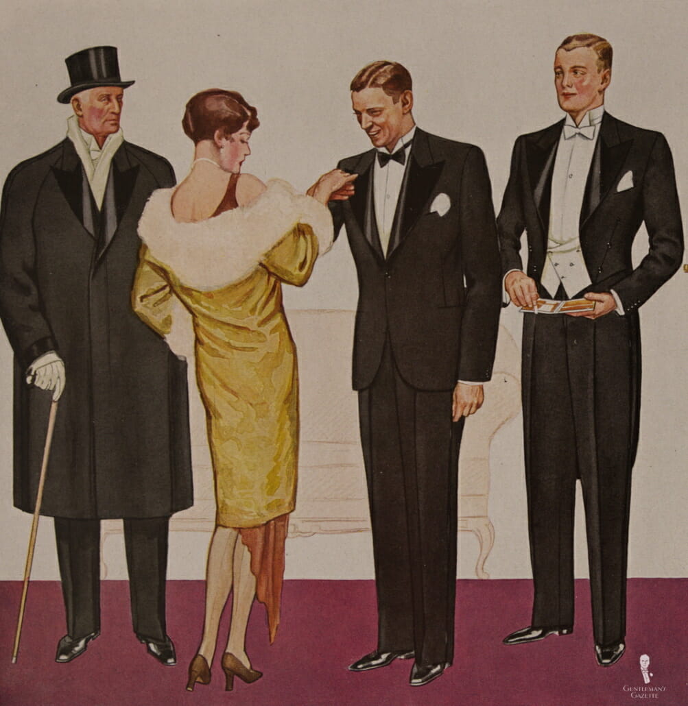Evening Overcoat, Black Tie and White Tie in Germany Fall 1929 - note the pointed DB waistcoat closure and tall detachable wing collars