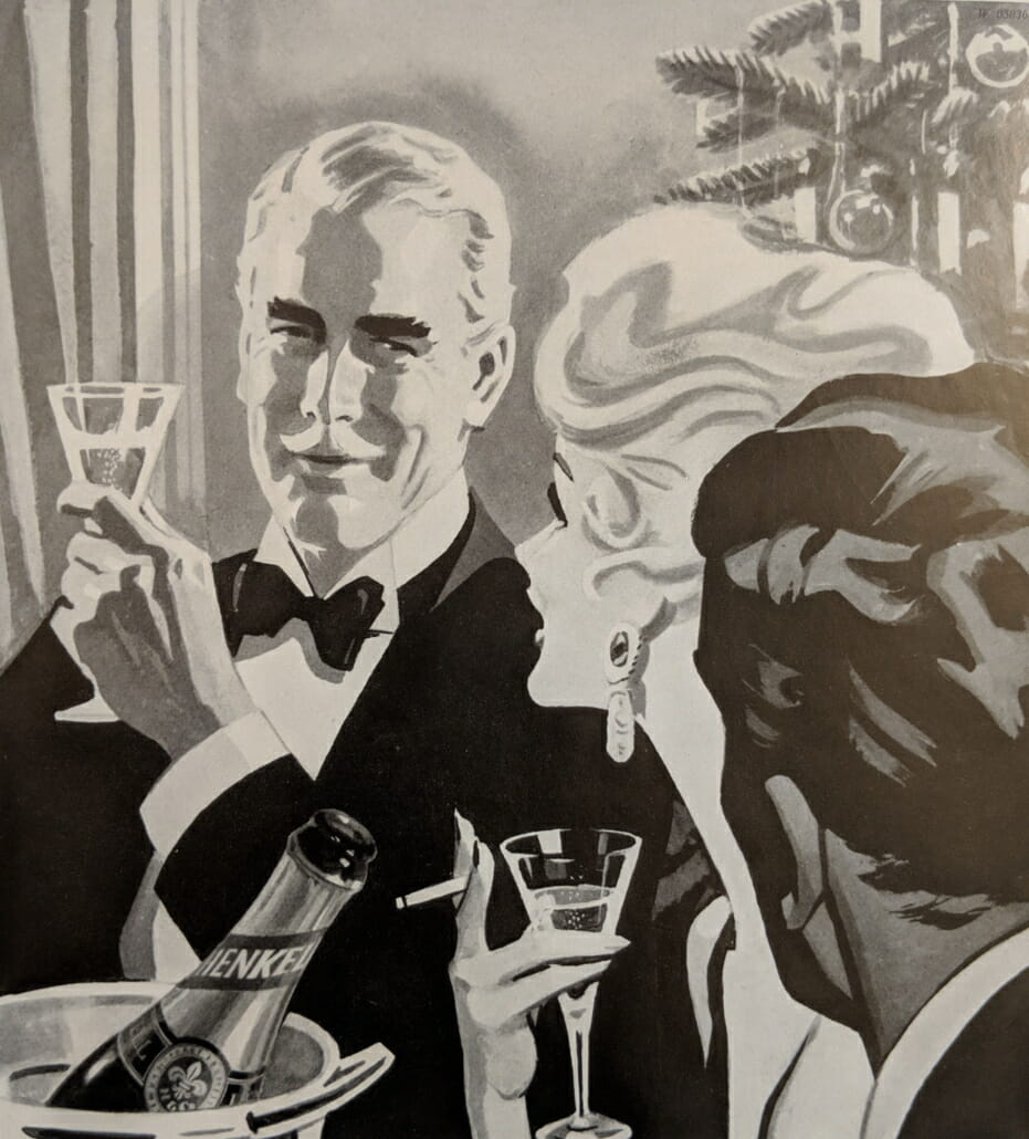 Late 1950s ad for Henkel Trocken showing a seasoned gentleman in an wing collar shirt and black tie ensemble that is rather early 1940s