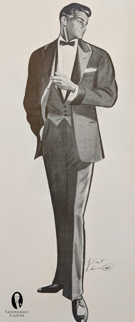 Late 1950s tuxedo with collar piping in satin