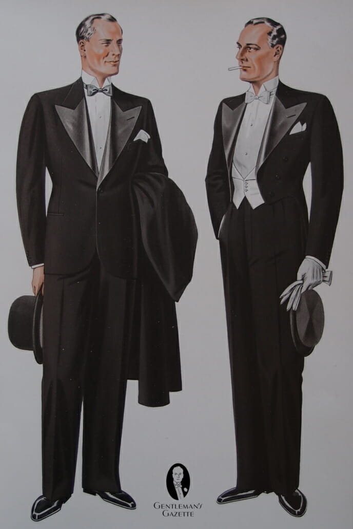 London UK evening fashions 1935 black tie and white tie not the gloves and chapeau claque on the right and Homburg left