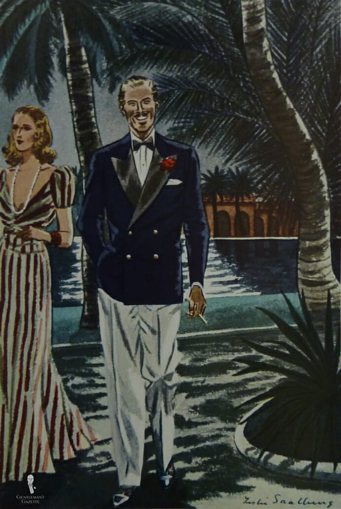 Monte Carlo Inspired Reverse Warm Weather Black Tie from 1939 Note the gold buttons and opera pumps