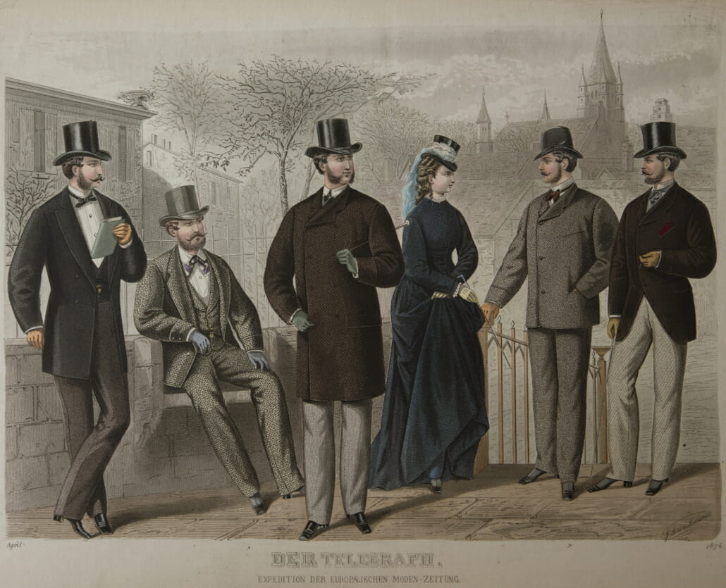 Neckwear in April 1874 - note the gentleman on the left in a black tie outfitwith a shorter jacket and a top hat - very similar to the dinner jacket we would get to know in the 1880s