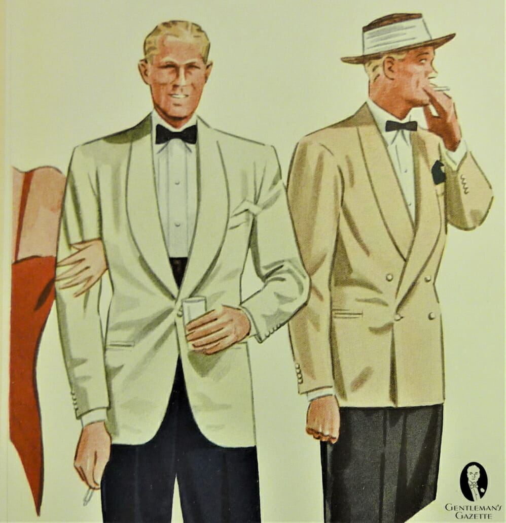 This fashion illustration from 1939 depicts off-white jackets of varying brightness, as well as in both single- and double-breasted cuts.