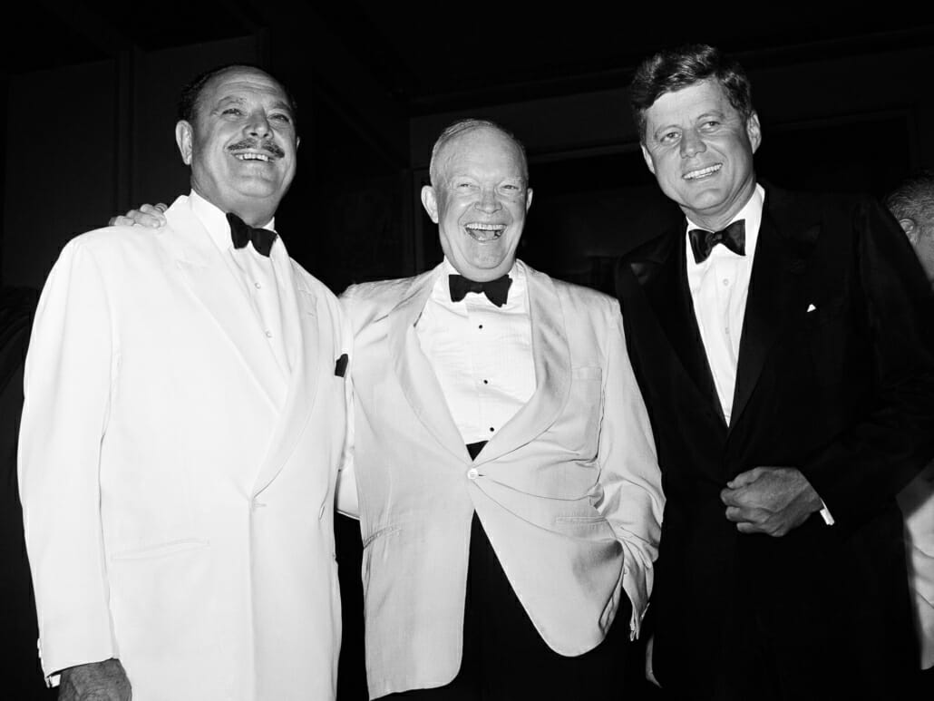 President John F Kennedy, President Dwight D Eisenhower, and the President of Pakistan Ayub Khan at a White House state dinner in 1961