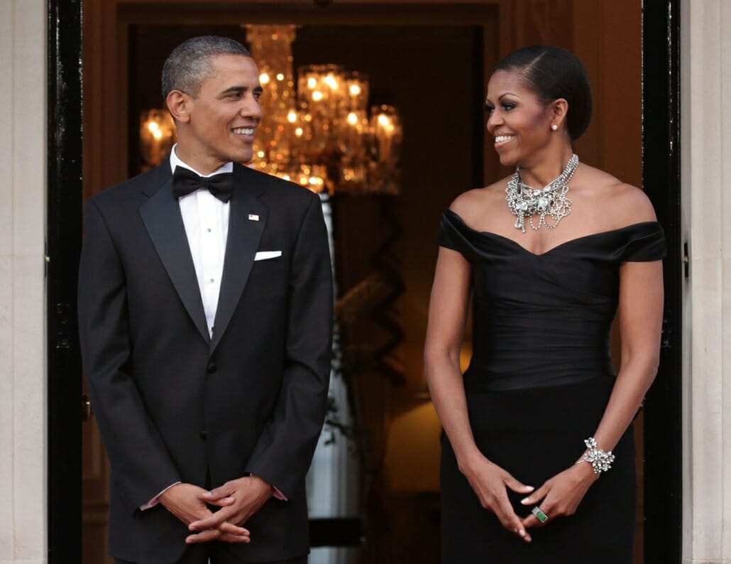 President Obama in a notched lapel, two button tuxedo