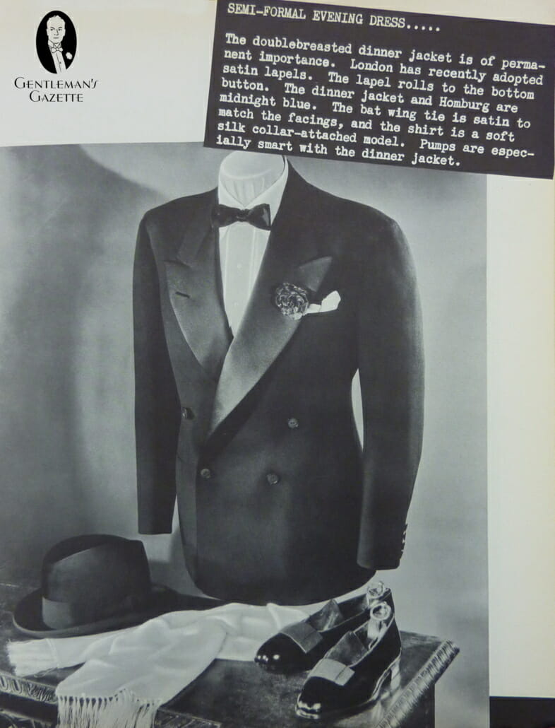 Semi-Formal Evening Dress 1930s - DB Tuxedo in midnight blue with peak lapel, satin facing and carnation boutonniere, homburg, white silk scarf and opera pumps