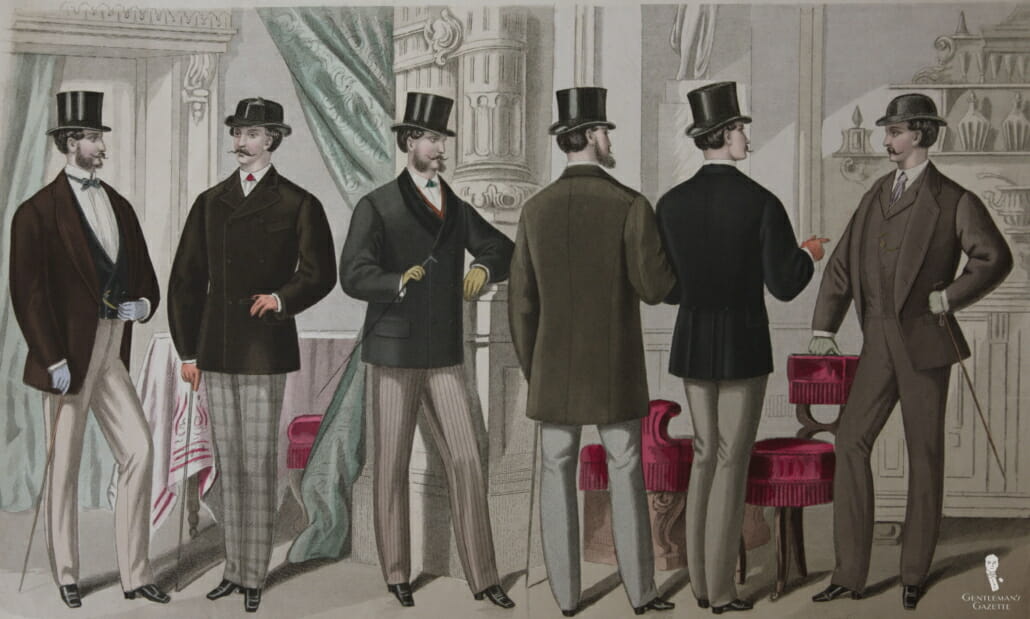 Short Coats all cut in a body coat silhouette in 1871 - note the choice of top hat with a short coat
