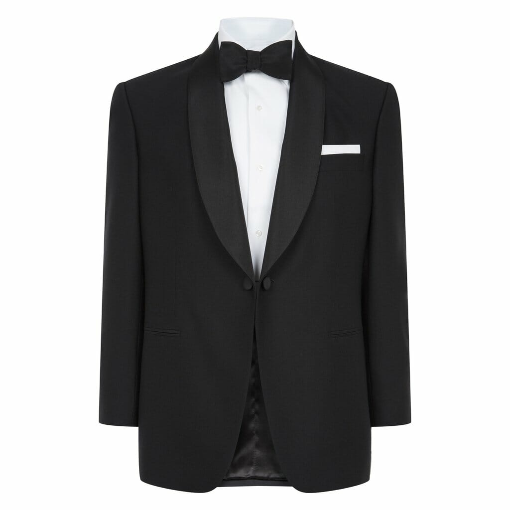 This tuxedo jacket, also single-breasted, features a shawl collar and a link-front closure.