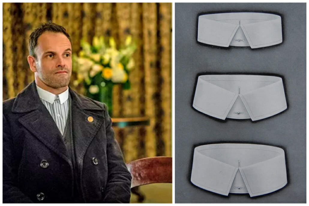 Left: Jonny Lee Miller wearing a square collar as Sherlock Holmes on "Elementary"; Right: vintage detachable square shirt collars from Welch & Margetson [Left Image Credit: Paramount Global]