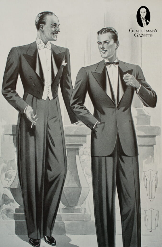 Summer 1938 - typical white tie and black tie ensembles with full cut, wide lapels, drape and shoulder padding