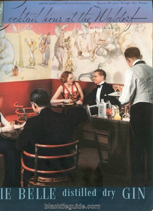 This 1934 ad depicting cocktail hour at the Waldorf shows the mess jackets popularity as a hospitality industry uniform.