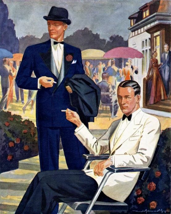 White and double-breasted black or midnight-blue jackets were the norm for warm-weather black tie by the mid 1930s.
