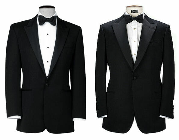 Two tuxedo jackets with differeing button stance