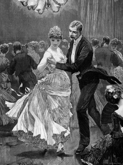 illustration of a victorian era couple dancing at a ball