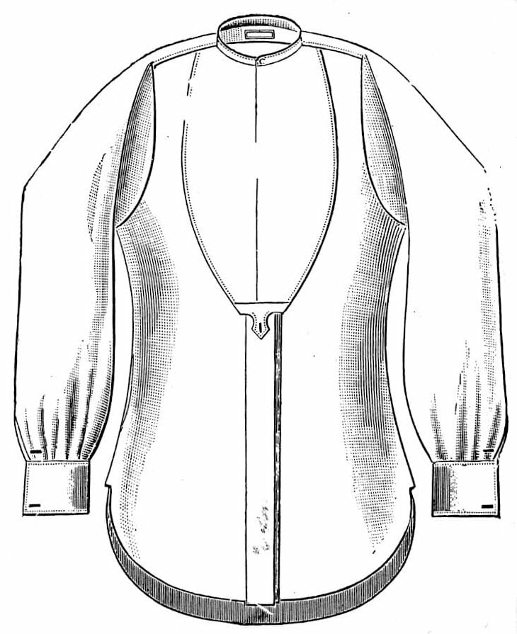 1895 gents white longcloth dress shirt, linen fittings throughout from Harrods Note open front.