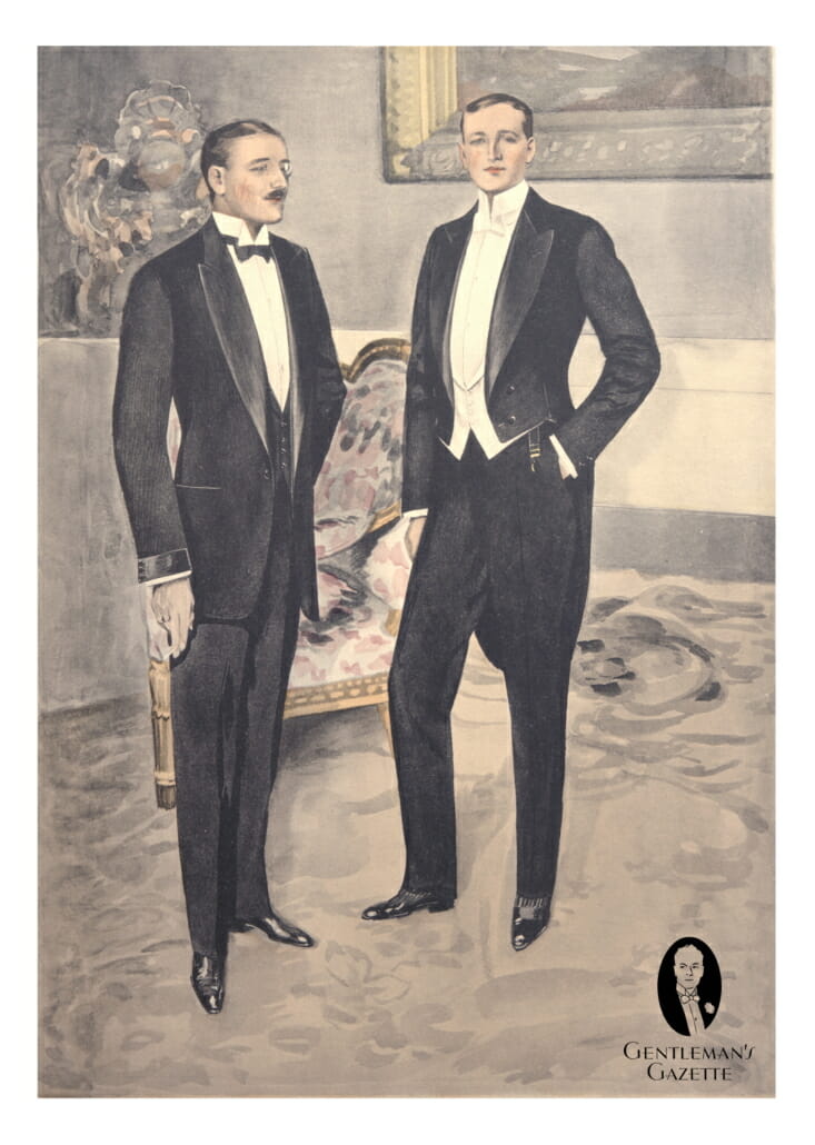 1920 black tie ensemble with sleev cuffs and stiff wing collar, white tie with watch fob, stripe socks, pumps and tall wing collar
