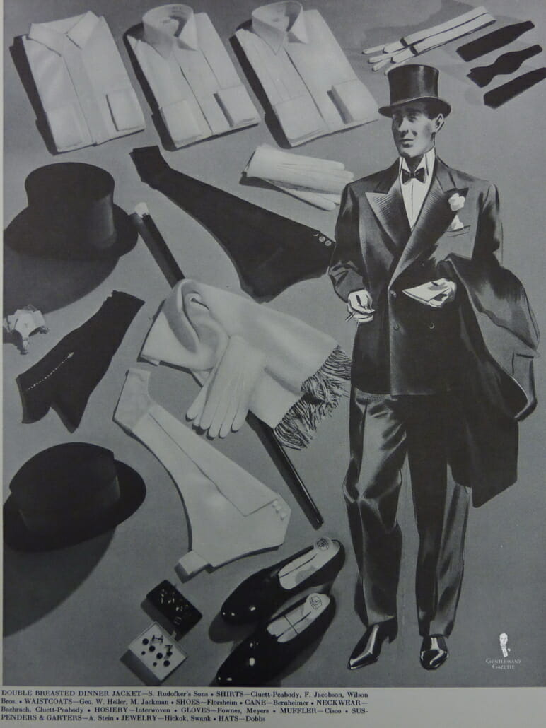 1930s Black Tie accessories. Note the top hat with a DB tuxedo, which was technically incorrect by the. Top hat were meant for tailcoats, and shorter hats like the Homburg for shorter jackets