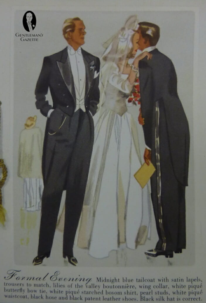 1930s Formal Evening wedding in midnight blue tailcoat - note the key chain