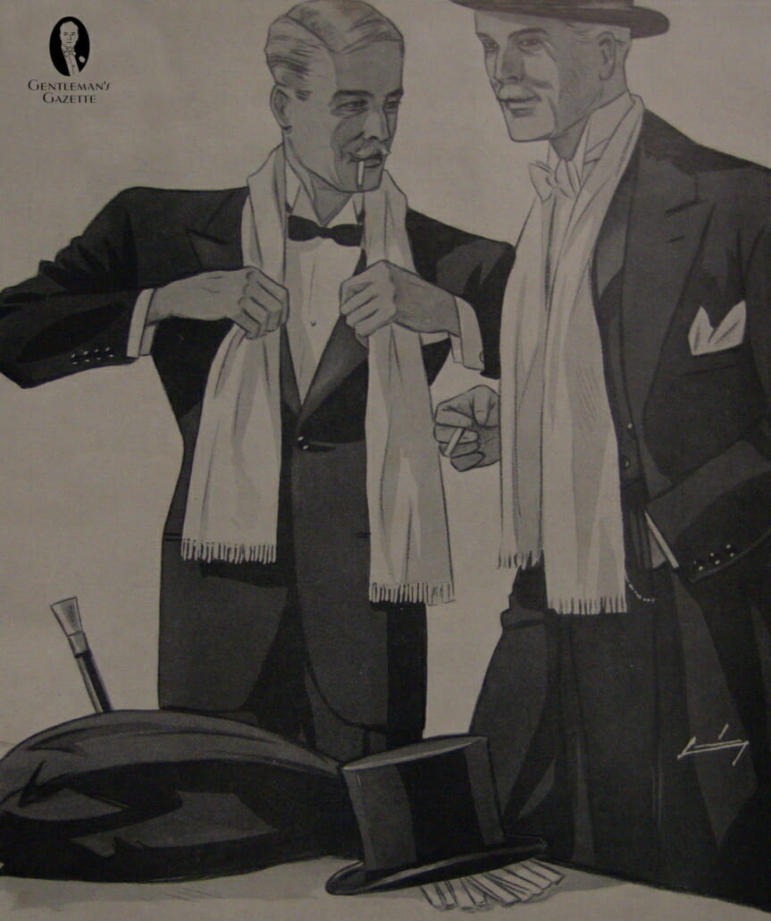 1930s Germany - White evening silk scarves aka mufflers or reefers are the standard for black tie and white tie ensembles
