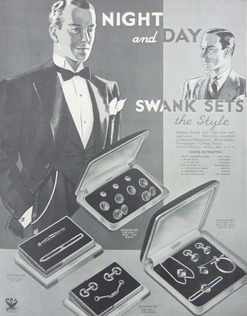 1930s Swank Evening and Daytime Dress Sets, cufflinks and tie bar ad