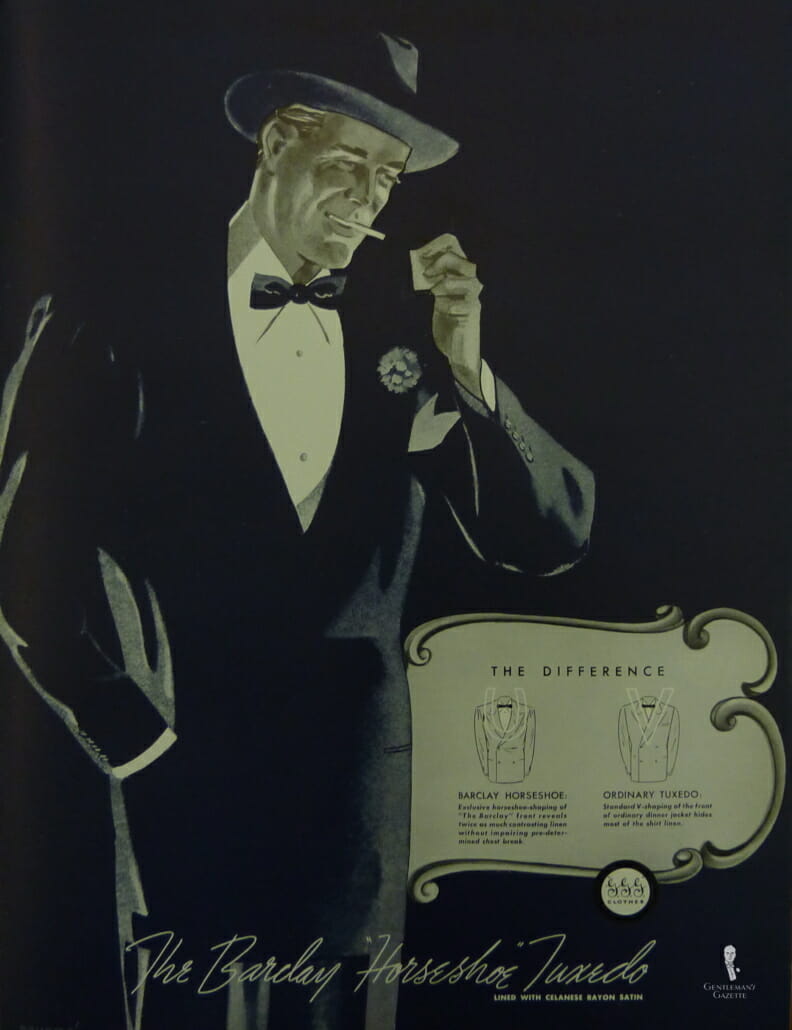 1930s ad for Barclays Horseshoe Tuxedo worn with a Homburg hat