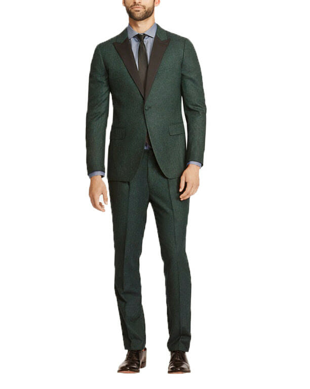 2018 Green tuxedo with necktie, slim peaked lapels, flap pockets blue shirt and no cummerbund by Bonobos