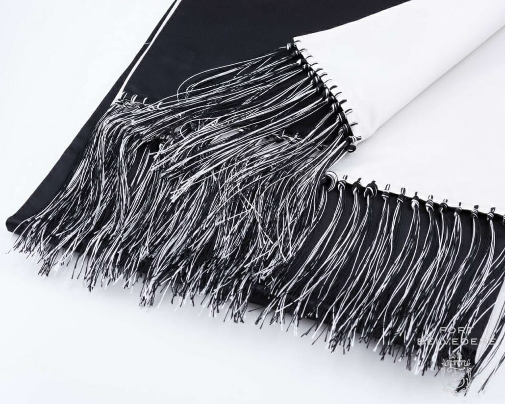 Black and white silk satin white tie and black tie scarf with hand-knotted silk fringes