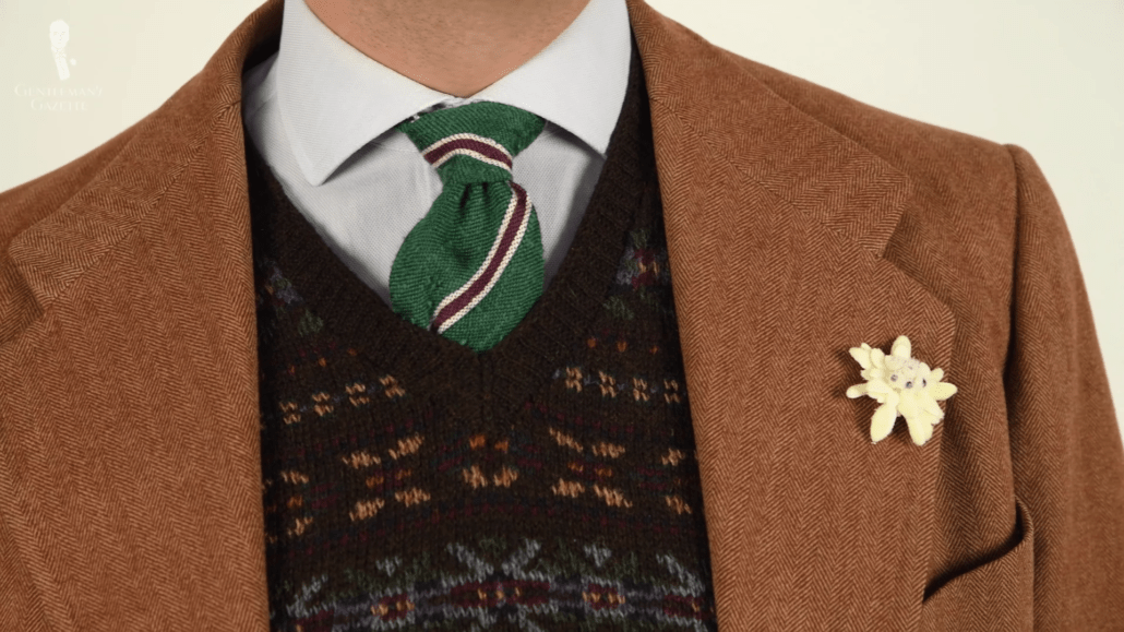 Brown sport coat with fair isle vest and Fort Belvedere accessories