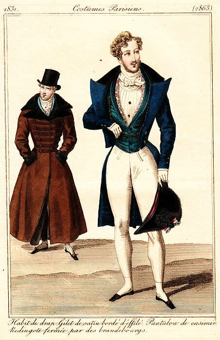 By 1830 smaller neckcloths and lower-cut waistcoats exposed more of the formal shirt front, then often pleated