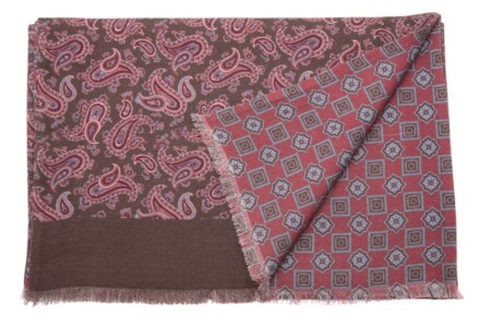 Double Sided Wool Silk Scarf in Brown, Burgundy, Red, Blue Paisley with Geometric Pattern by Fort Belvedere on white background