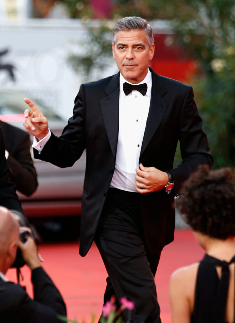 George Clooney in notched lapel tuxedo without cummerbund