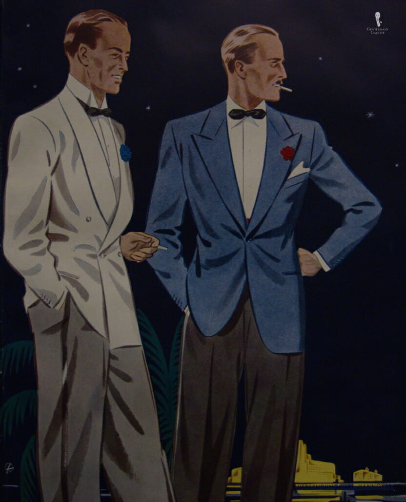 Germany 1938 - Colorful warm weather dinner jackets in white and blue with red and blue boutonnieres