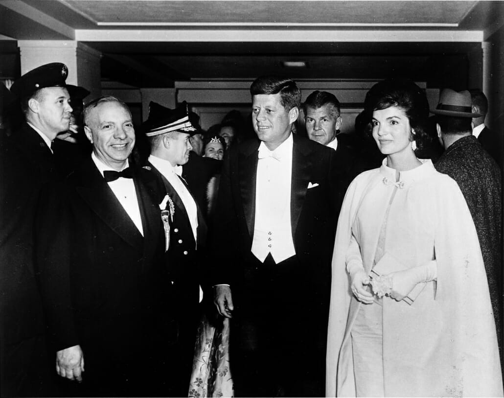 John F. Kennedy at his Inaugural Ball, 20 January 1961 - Jackie looks the part in her full length gown next to the white tie ensemble of JFK